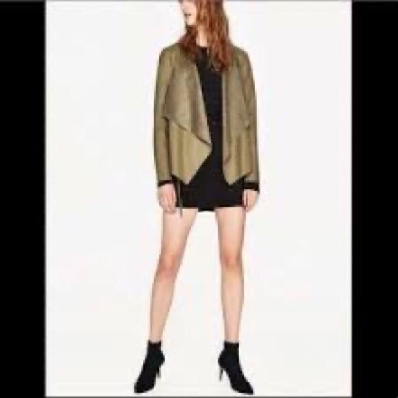 Zara Olive Green Faux Leather Open-front Super Soft Easy-to-wear Jacket - Picture 1 of 7